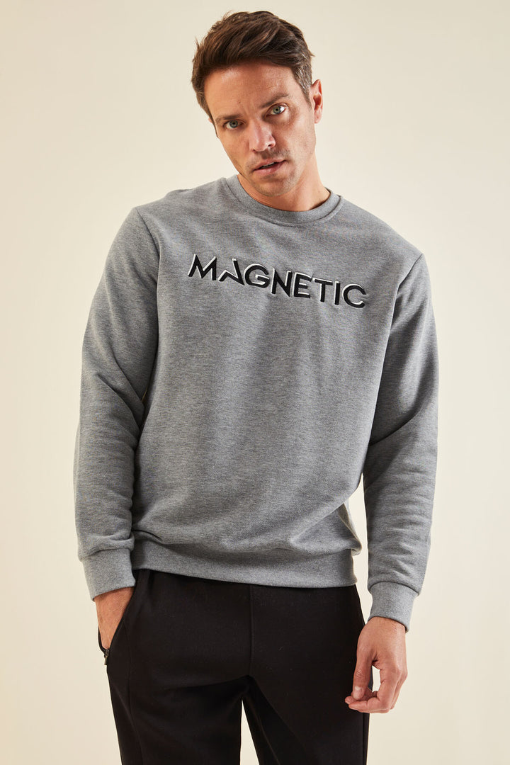 TMY Gray Melange Crew Neck Comfort Fit Men's Sweatshirt with Embroidered Text - 88020 - Schwabach