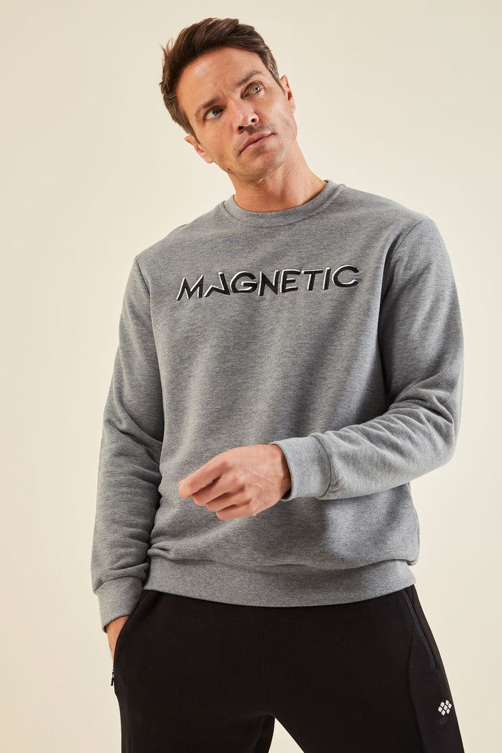 TMY Gray Melange Crew Neck Comfort Fit Men's Sweatshirt with Embroidered Text - 88020 - Schwabach