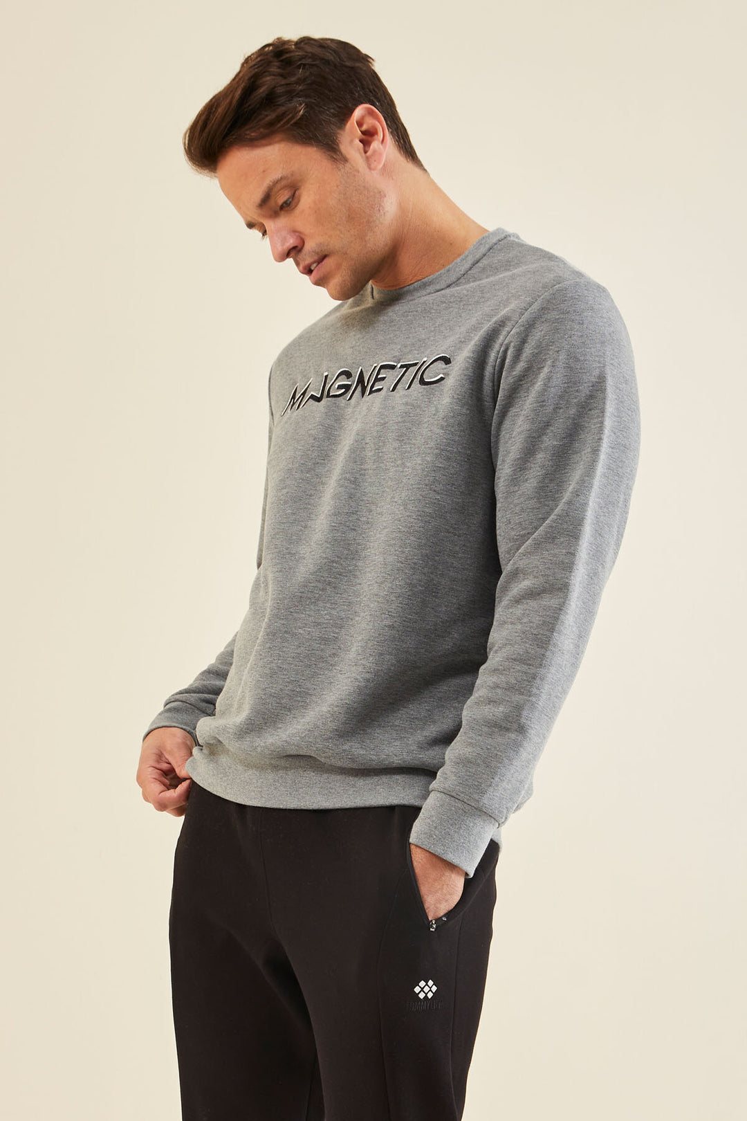 TMY Gray Melange Crew Neck Comfort Fit Men's Sweatshirt with Embroidered Text - 88020 - Schwabach
