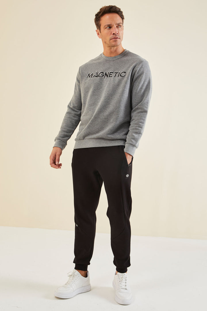 TMY Gray Melange Crew Neck Comfort Fit Men's Sweatshirt with Embroidered Text - 88020 - Schwabach