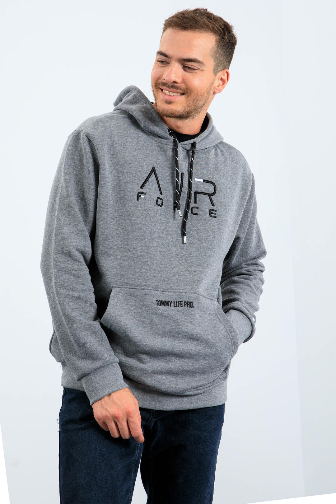 TMY Gray Melange Standard Fit Hooded Men's Sweatshirt with Embroidered Text - 87838 - Coeur dAlene