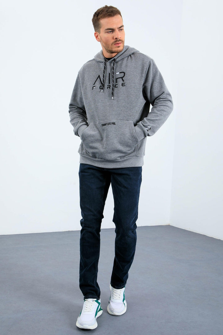 TMY Gray Melange Standard Fit Hooded Men's Sweatshirt with Embroidered Text - 87838 - Coeur dAlene