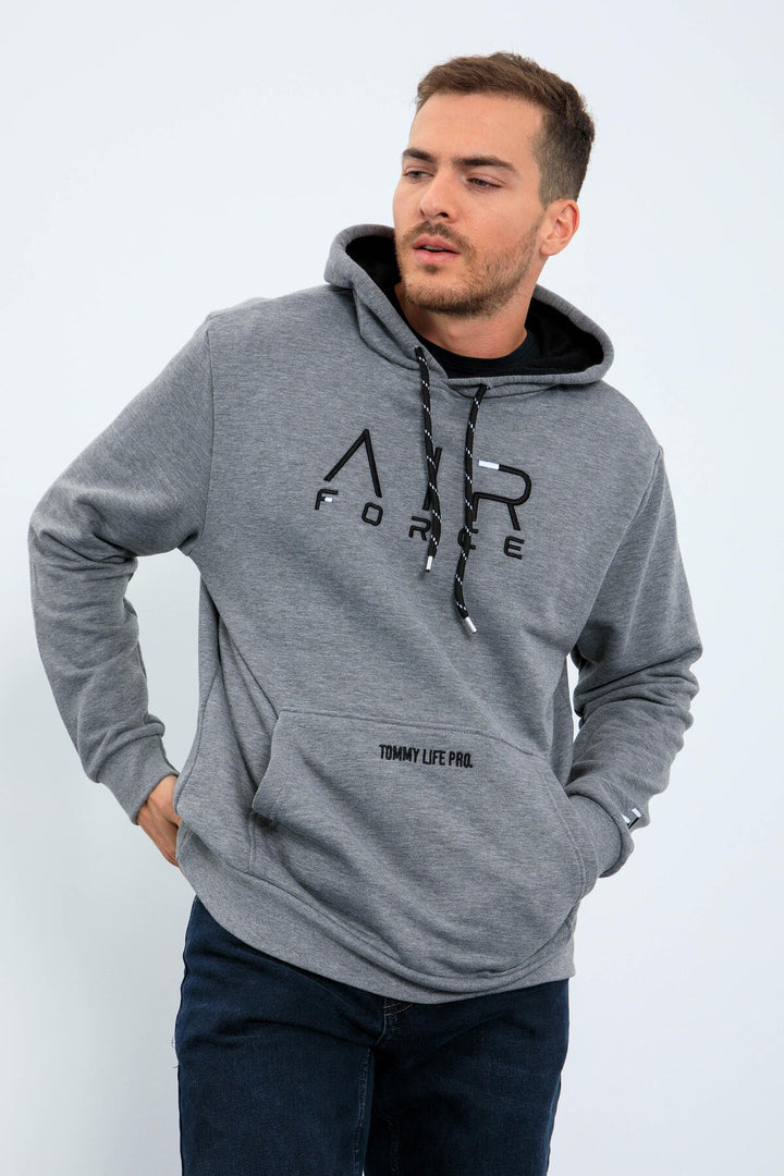 TMY Gray Melange Standard Fit Hooded Men's Sweatshirt with Embroidered Text - 87838 - Coeur dAlene