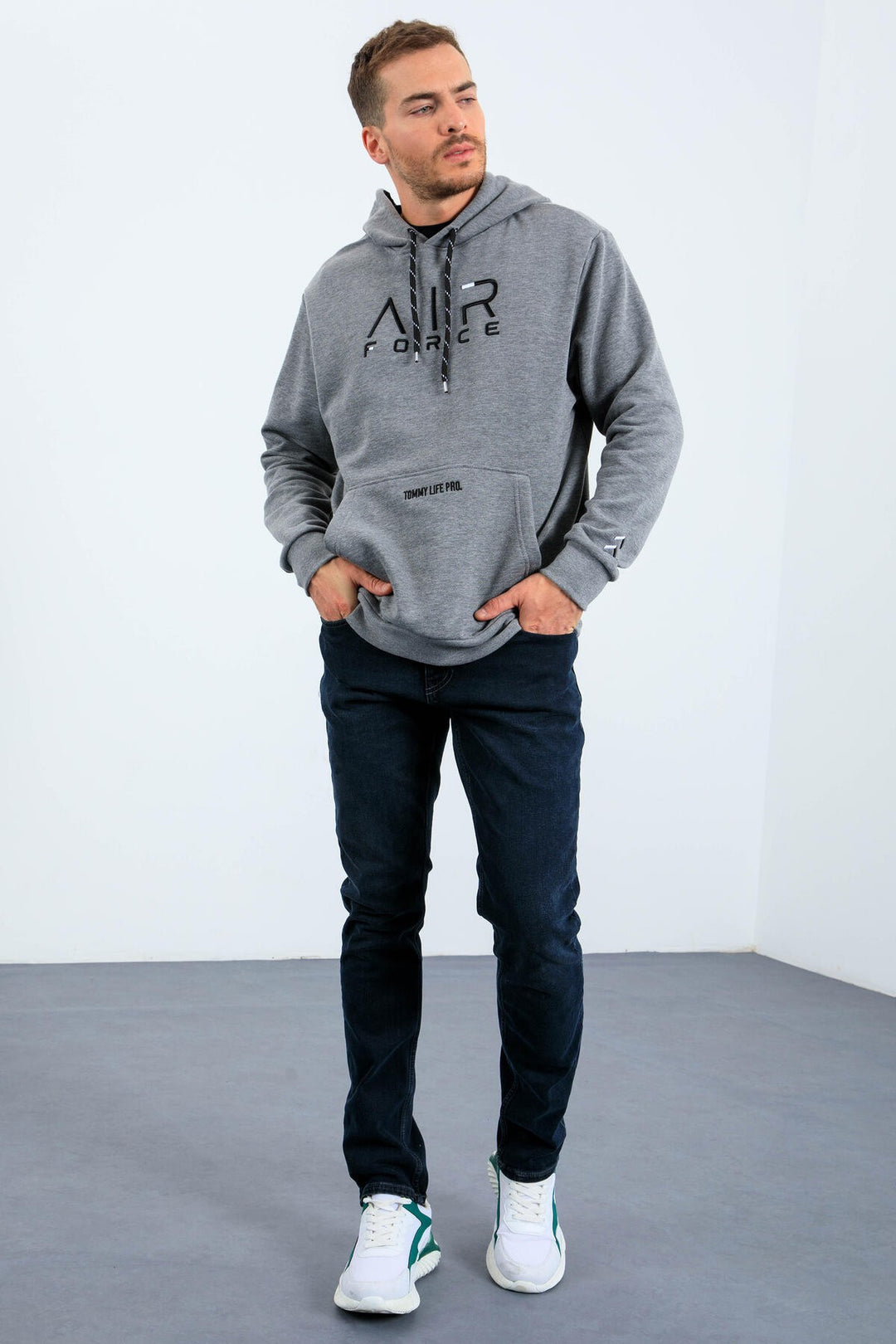 TMY Gray Melange Standard Fit Hooded Men's Sweatshirt with Embroidered Text - 87838 - Coeur dAlene