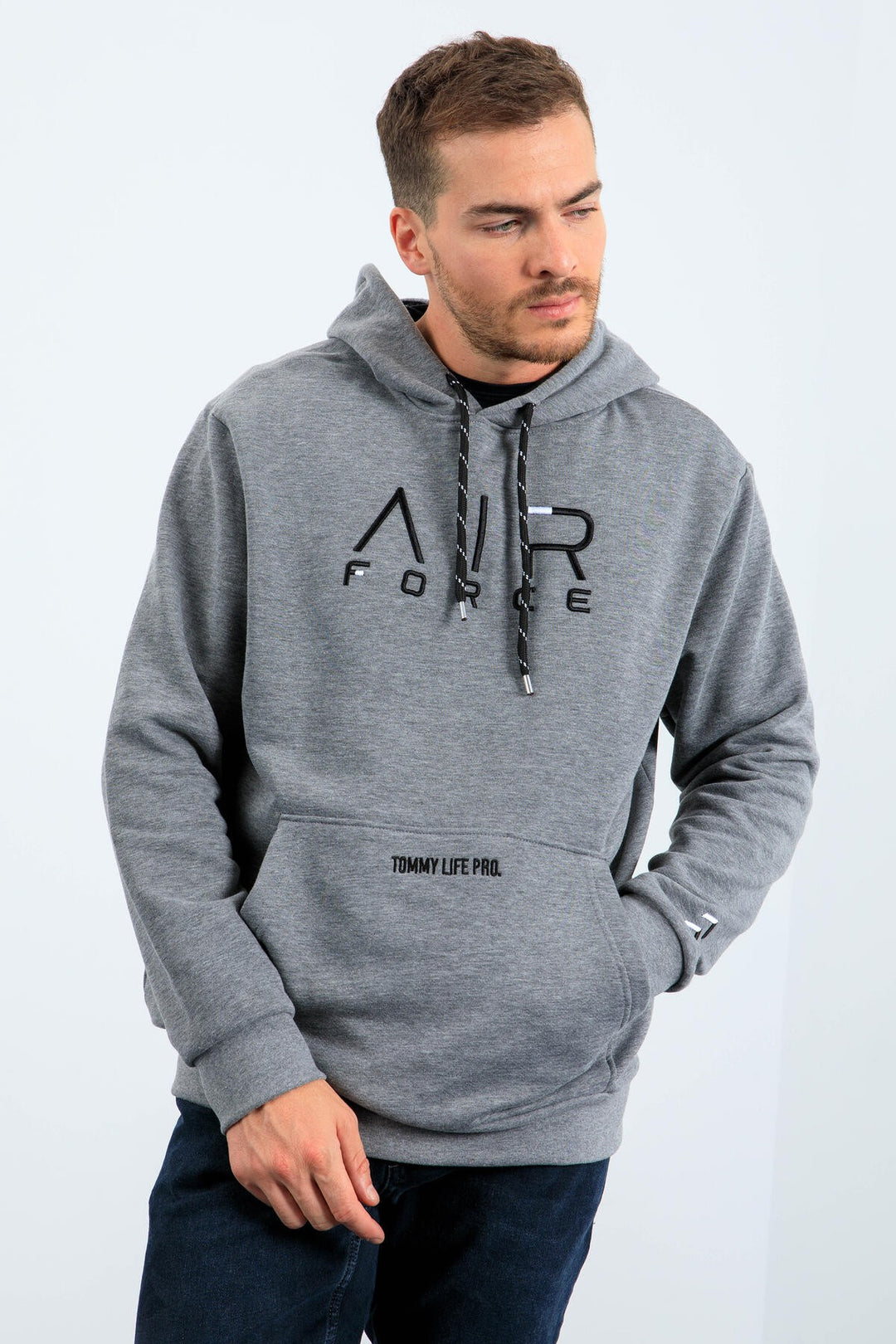 TMY Gray Melange Standard Fit Hooded Men's Sweatshirt with Embroidered Text - 87838 - Coeur dAlene