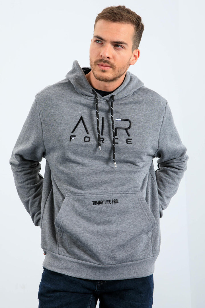 TMY Gray Melange Standard Fit Hooded Men's Sweatshirt with Embroidered Text - 87838 - Coeur dAlene