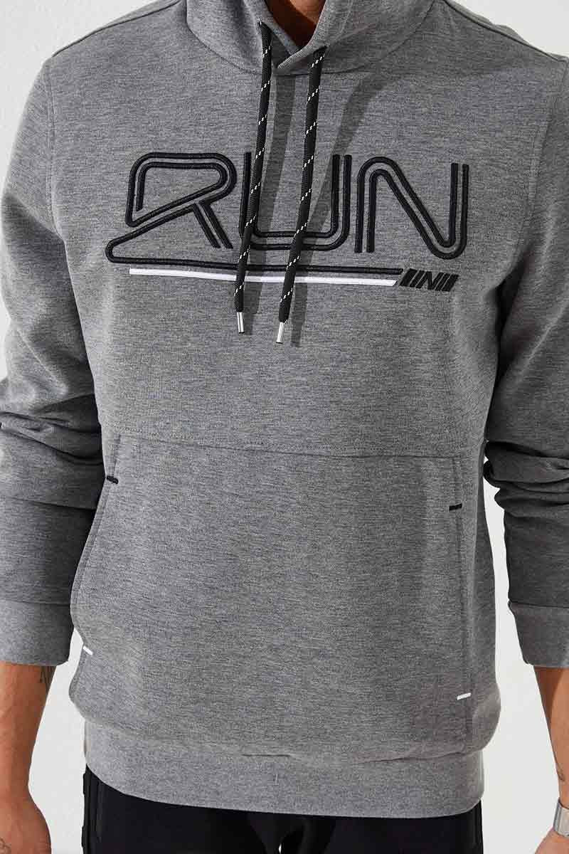 TMY Gray Melange Standard Fit Hooded Men's Sweatshirt with Embroidered Text - 87887 - Nola