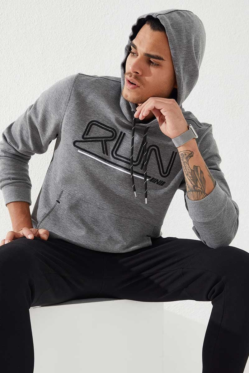 TMY Gray Melange Standard Fit Hooded Men's Sweatshirt with Embroidered Text - 87887 - Nola
