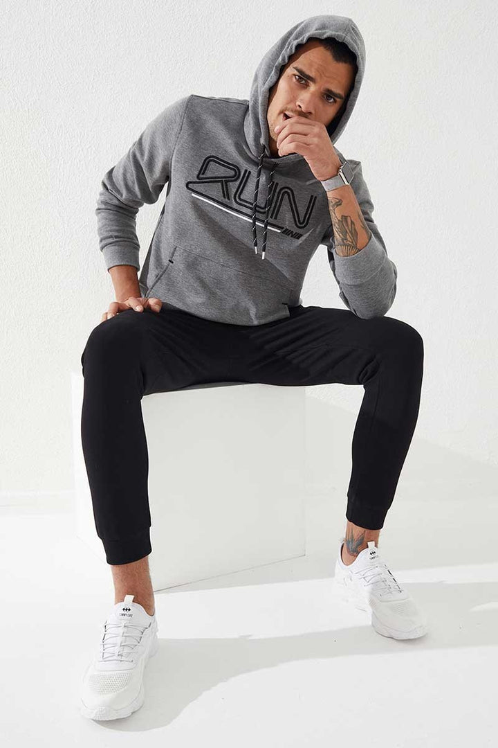 TMY Gray Melange Standard Fit Hooded Men's Sweatshirt with Embroidered Text - 87887 - Nola