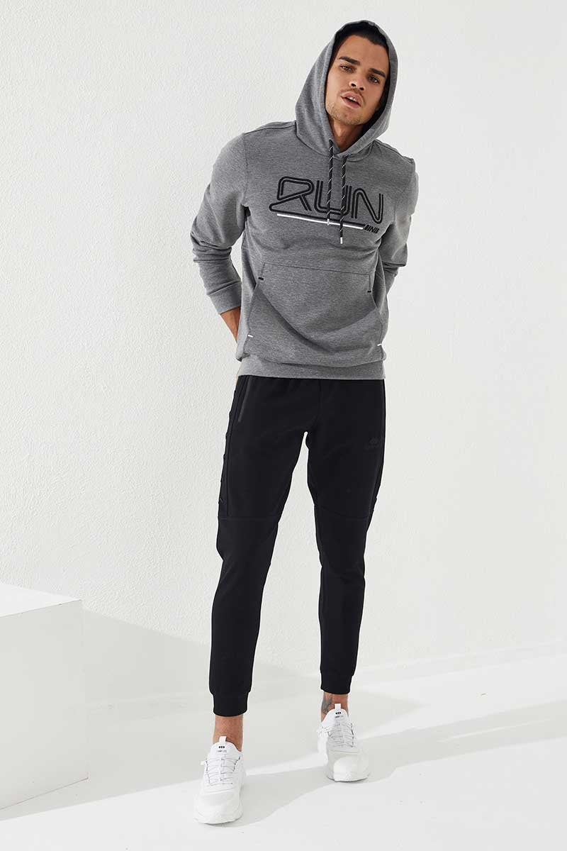 TMY Gray Melange Standard Fit Hooded Men's Sweatshirt with Embroidered Text - 87887 - Nola