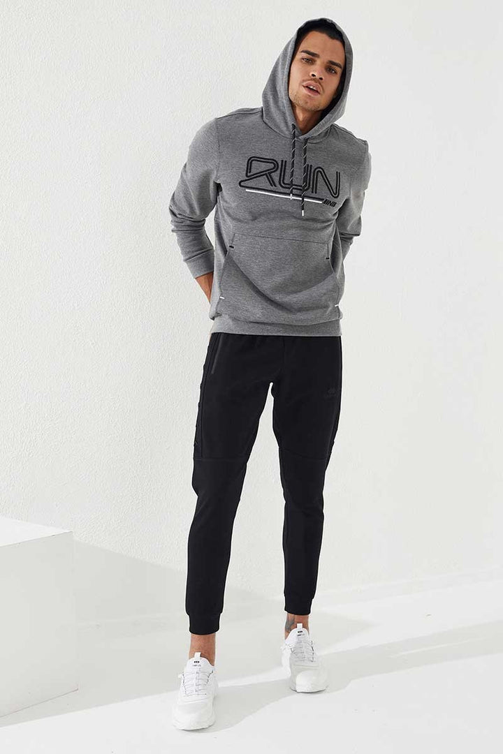 TMY Gray Melange Standard Fit Hooded Men's Sweatshirt with Embroidered Text - 87887 - Nola