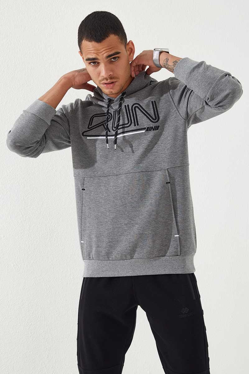 TMY Gray Melange Standard Fit Hooded Men's Sweatshirt with Embroidered Text - 87887 - Nola
