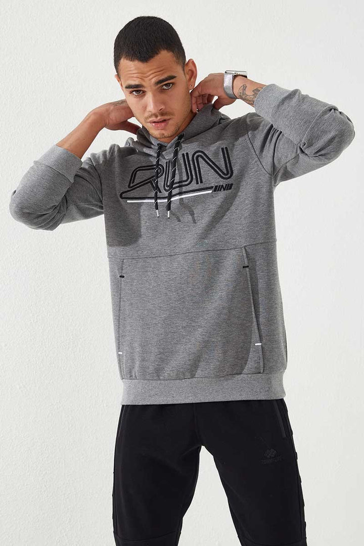 TMY Gray Melange Standard Fit Hooded Men's Sweatshirt with Embroidered Text - 87887 - Nola