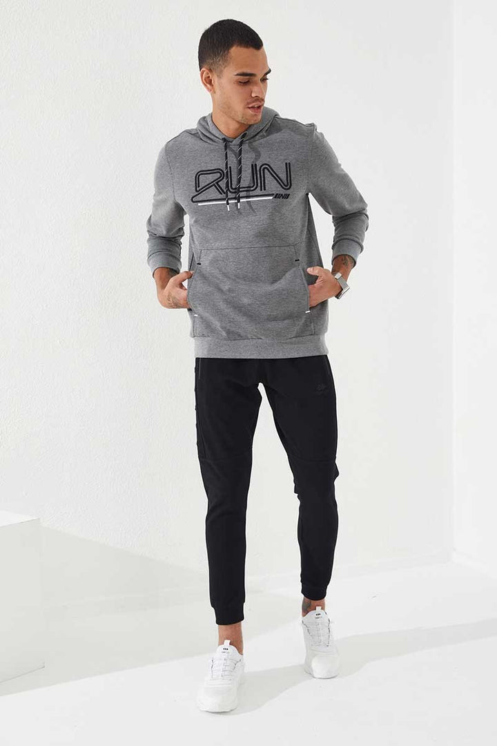 TMY Gray Melange Standard Fit Hooded Men's Sweatshirt with Embroidered Text - 87887 - Nola