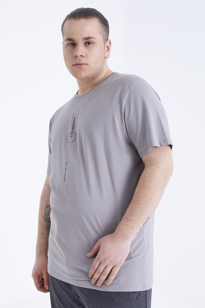 TMY Gray Printed Round Neck Plus Size Men's T-shirt - 88075 - Acambay