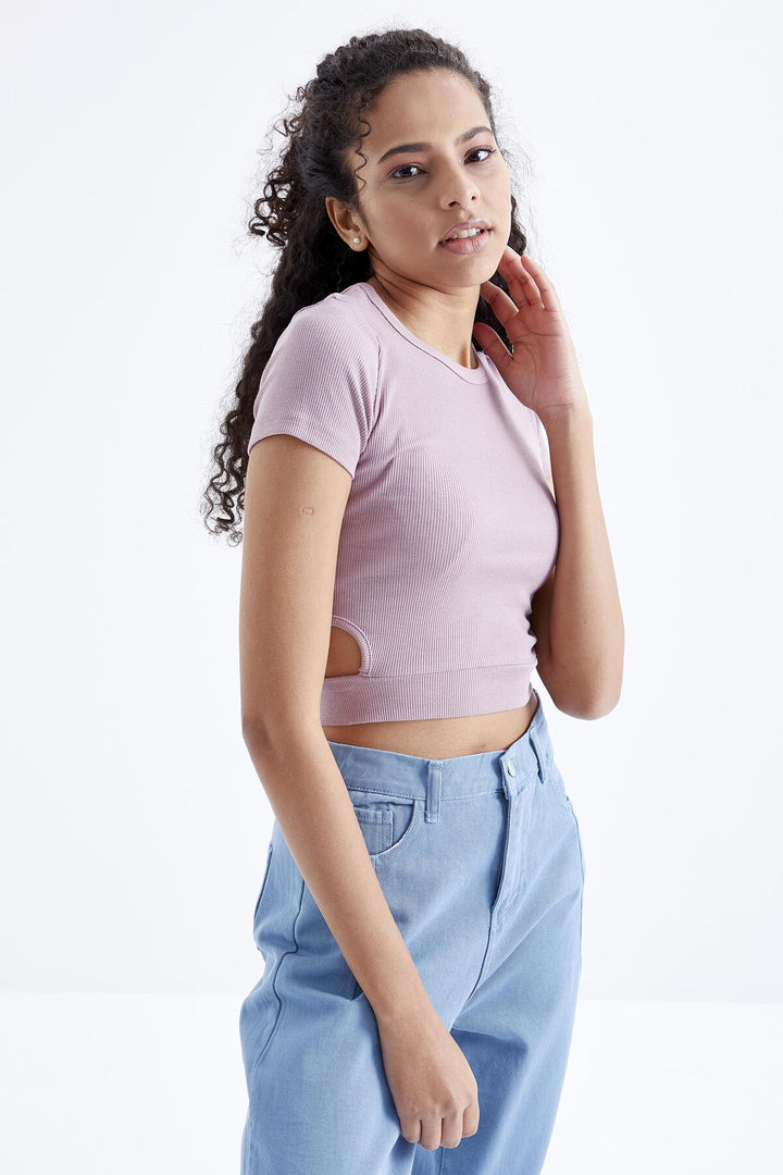 TMY Dried Rose Basic Side Window Collar Women Crop Top T-Shirt - 97207 - Gelsenkirchen