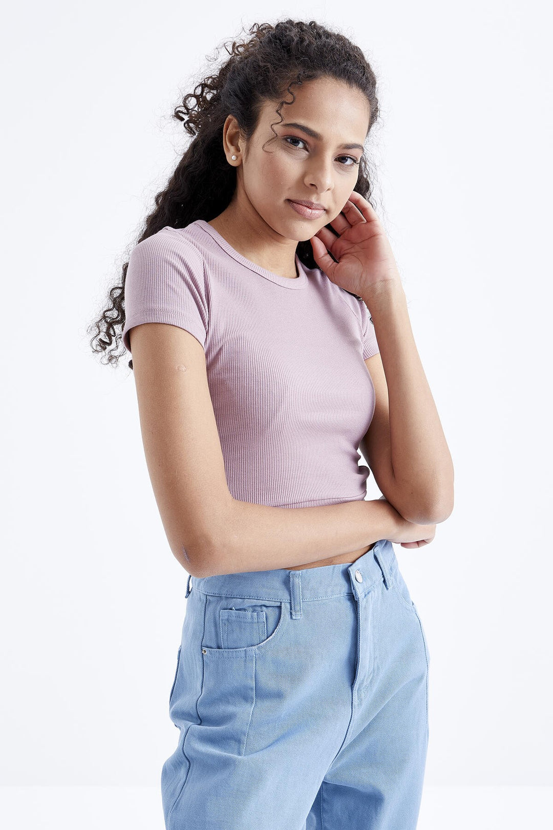 TMY Dried Rose Basic Side Window Collar Women Crop Top T-Shirt - 97207 - Gelsenkirchen