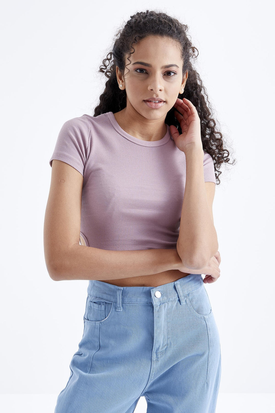TMY Dried Rose Basic Side Window Collar Women Crop Top T-Shirt - 97207 - Gelsenkirchen