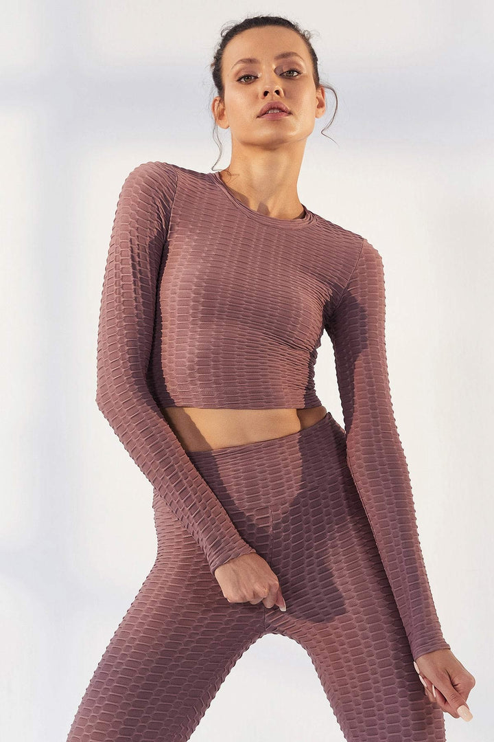 TMY Dried Rose Patterned O Neck Long Sleeve Women Crop Top T-Shirt - 97153 - Lozova