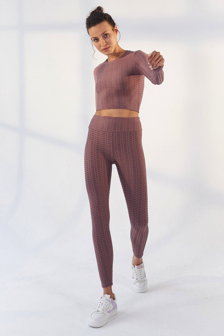 TMY Dried Rose Patterned O Neck Long Sleeve Women Crop Top T-Shirt - 97153 - Lozova
