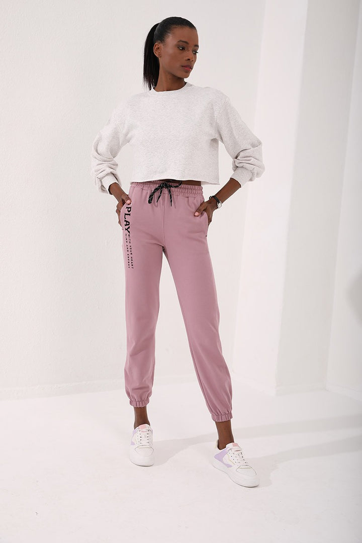 TMY Dried Rose High Waisted Embroidered Comfort Fit Elastic Cuff Women's Sweatpants - 94573 - Sahuayo de Morelos