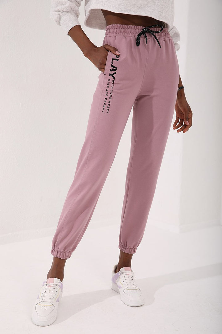 TMY Dried Rose High Waisted Embroidered Comfort Fit Elastic Cuff Women's Sweatpants - 94573 - Sahuayo de Morelos