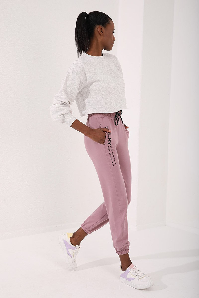 TMY Dried Rose High Waisted Embroidered Comfort Fit Elastic Cuff Women's Sweatpants - 94573 - Sahuayo de Morelos