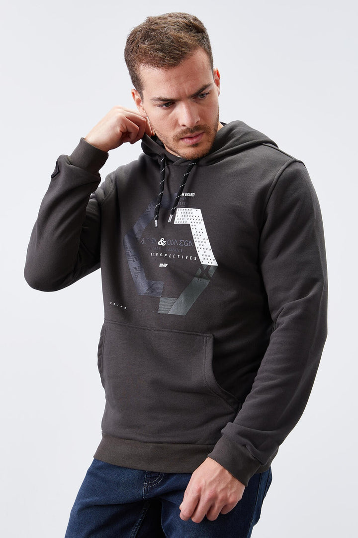 TMY Haki Geometric Printed Standard Mold Hooded Men's Sweatshirt - 87870 - Hamilton