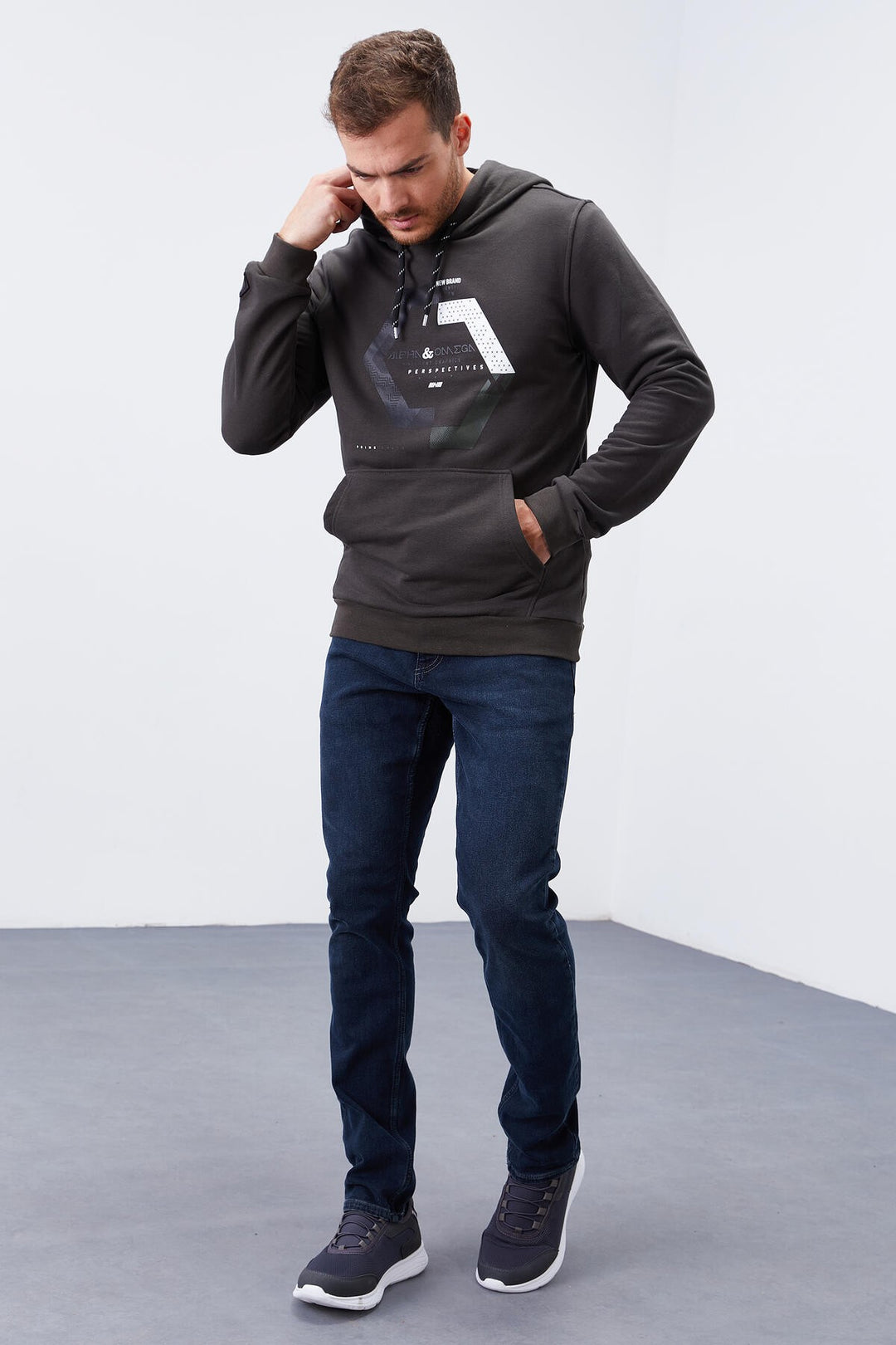 TMY Haki Geometric Printed Standard Mold Hooded Men's Sweatshirt - 87870 - Hamilton