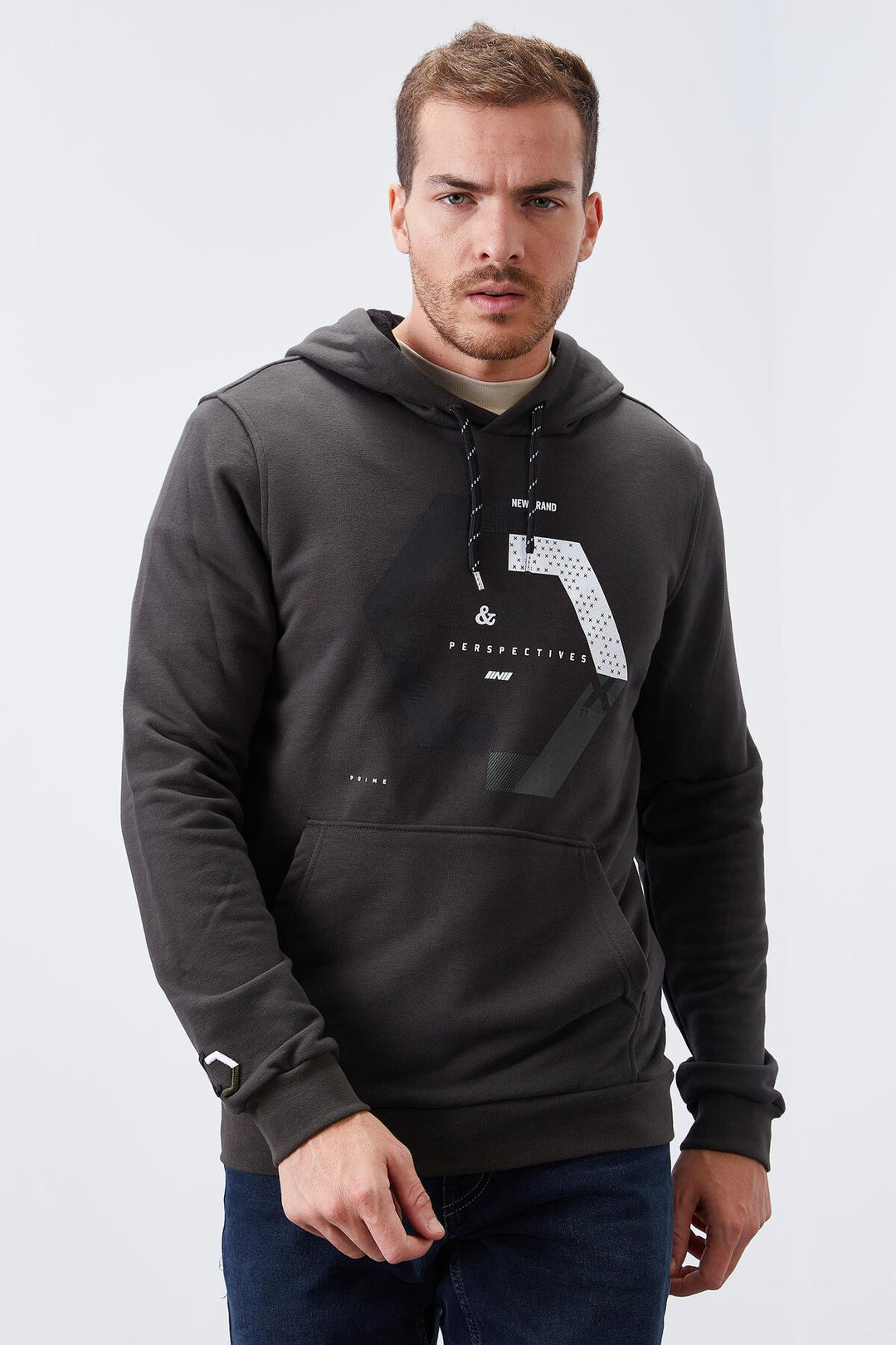TMY Haki Geometric Printed Standard Mold Hooded Men's Sweatshirt - 87870 - Hamilton