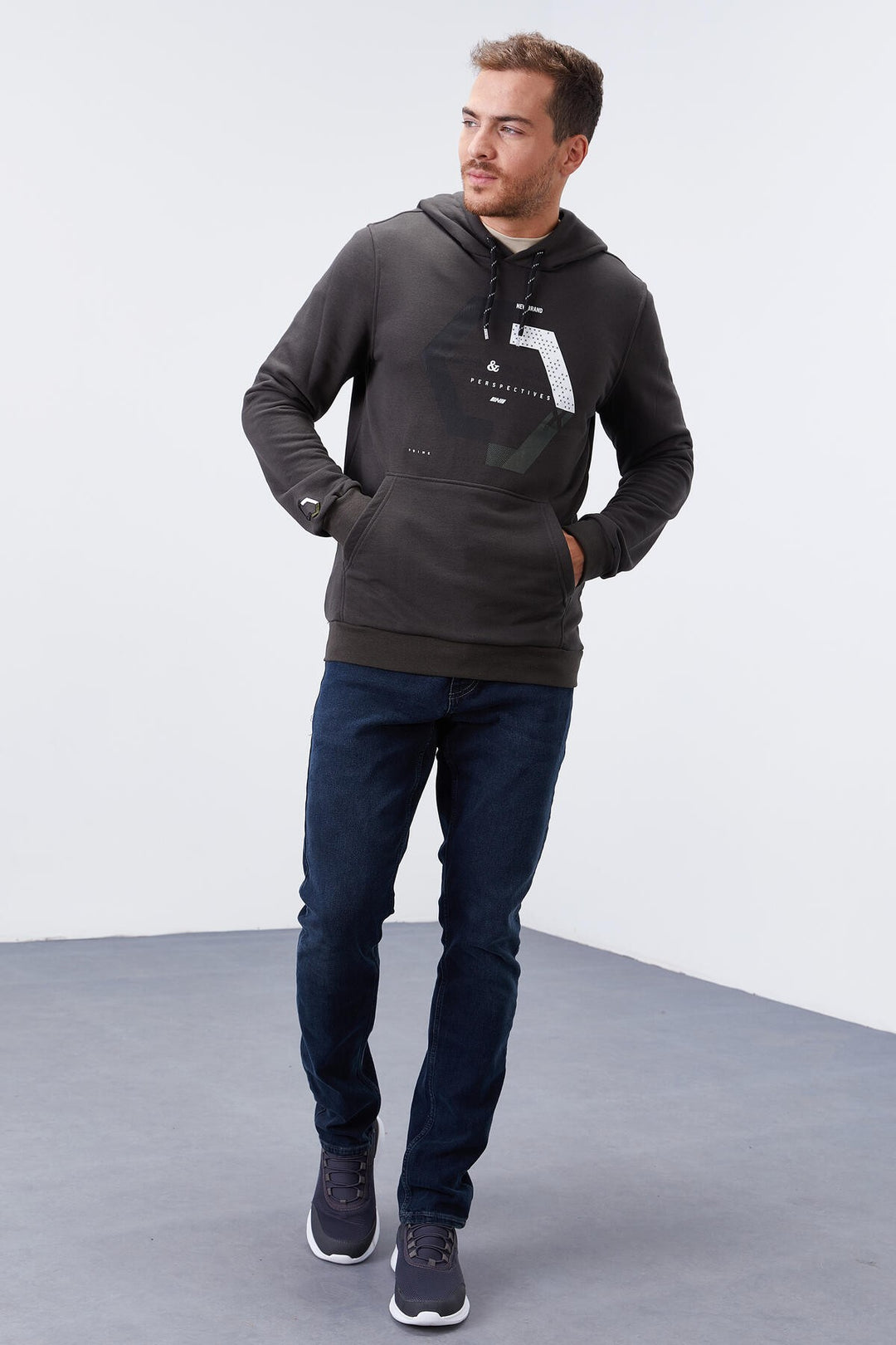 TMY Haki Geometric Printed Standard Mold Hooded Men's Sweatshirt - 87870 - Hamilton