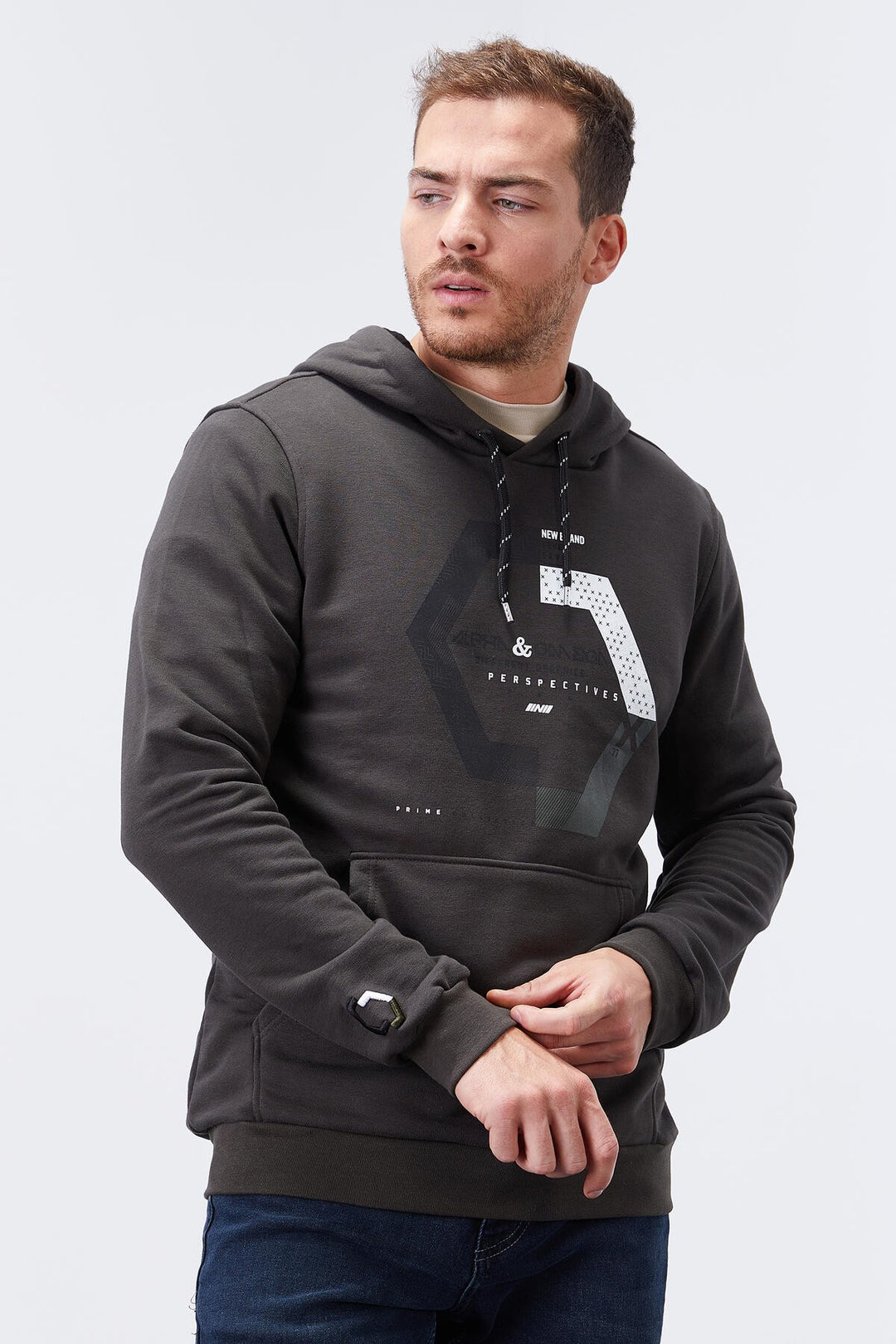 TMY Haki Geometric Printed Standard Mold Hooded Men's Sweatshirt - 87870 - Hamilton