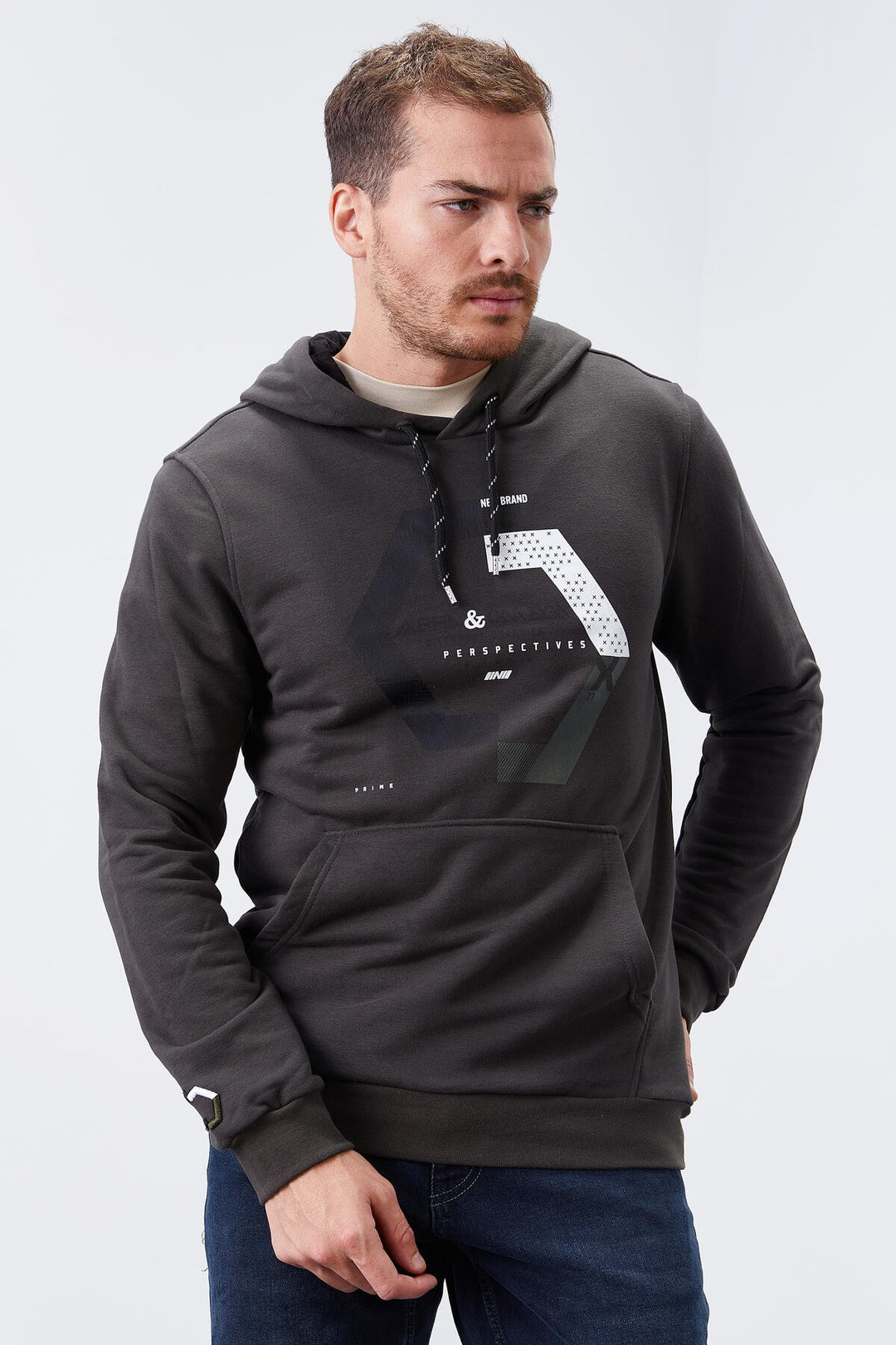 TMY Haki Geometric Printed Standard Mold Hooded Men's Sweatshirt - 87870 - Hamilton