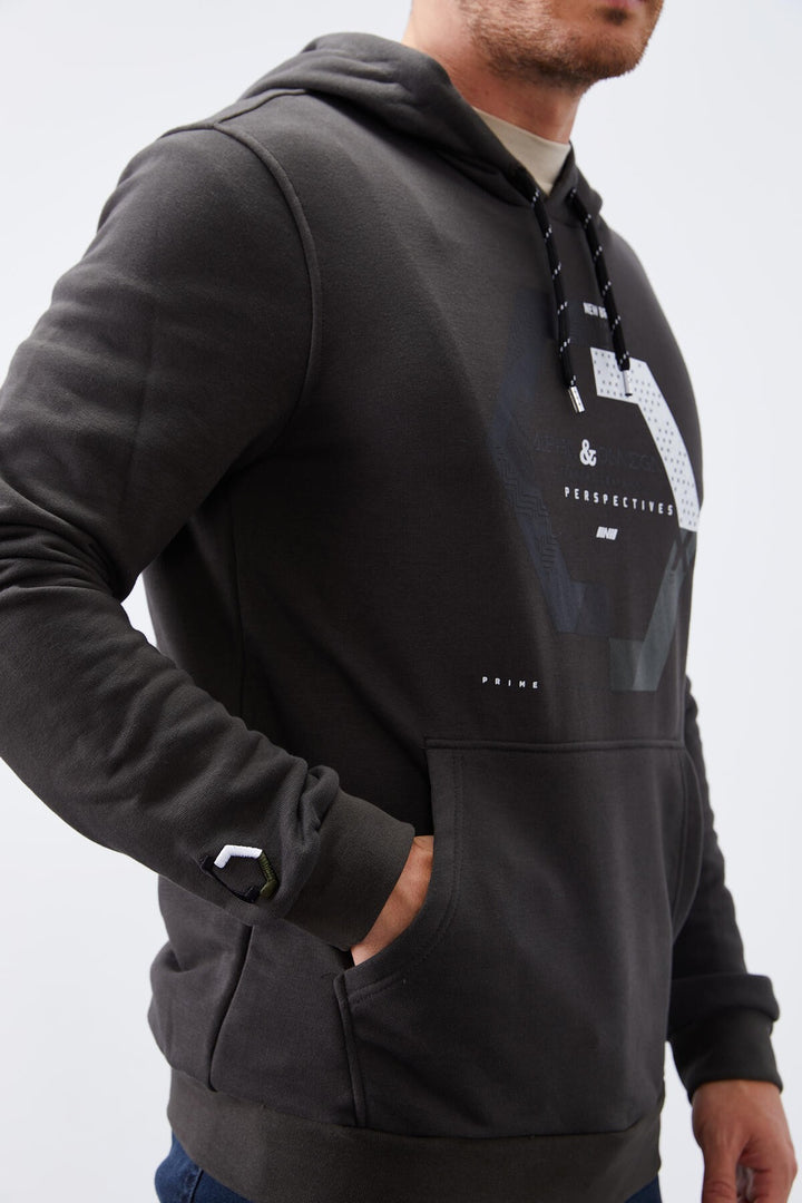 TMY Haki Geometric Printed Standard Mold Hooded Men's Sweatshirt - 87870 - Hamilton