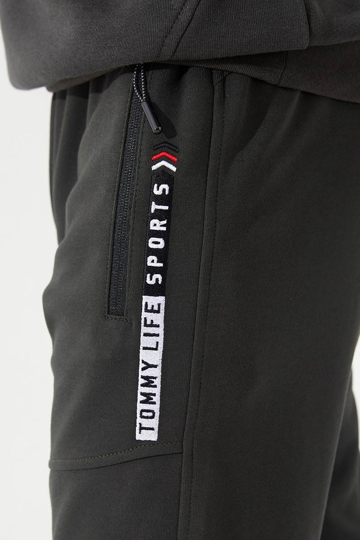 TMY Haki Zippered Pocket Embroidered Detail Slim Fit Jogger Men's Sweatpants - 84783 - Estero