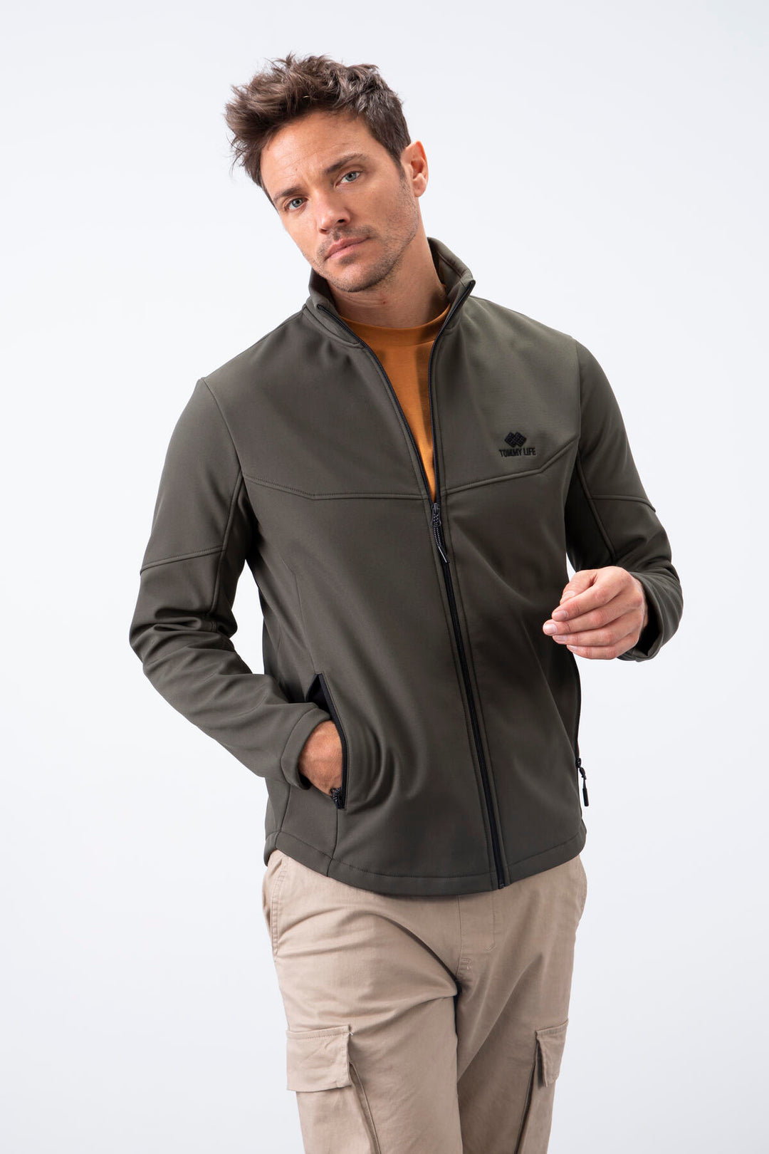 TMY Haki Zippered Stand-up Collar Water and Wind Resistant Softshell Men's Jacket - 88050 - Onteniente