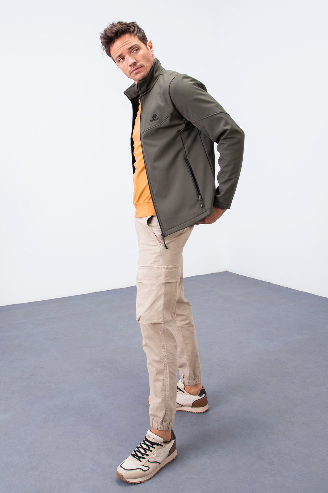 TMY Haki Zippered Stand-up Collar Water and Wind Resistant Softshell Men's Jacket - 88050 - Onteniente