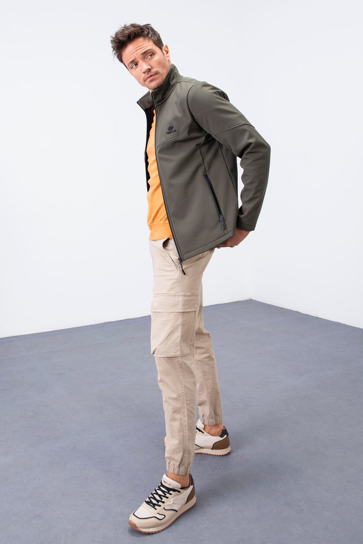 TMY Haki Zippered Stand-up Collar Water and Wind Resistant Softshell Men's Jacket - 88050 - Onteniente