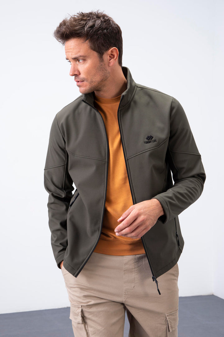 TMY Haki Zippered Stand-up Collar Water and Wind Resistant Softshell Men's Jacket - 88050 - Onteniente