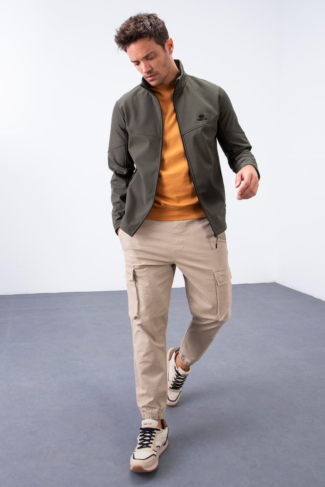 TMY Haki Zippered Stand-up Collar Water and Wind Resistant Softshell Men's Jacket - 88050 - Onteniente