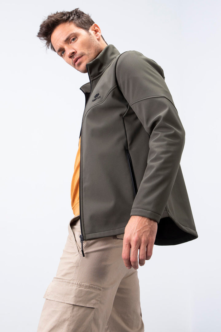 TMY Haki Zippered Stand-up Collar Water and Wind Resistant Softshell Men's Jacket - 88050 - Onteniente