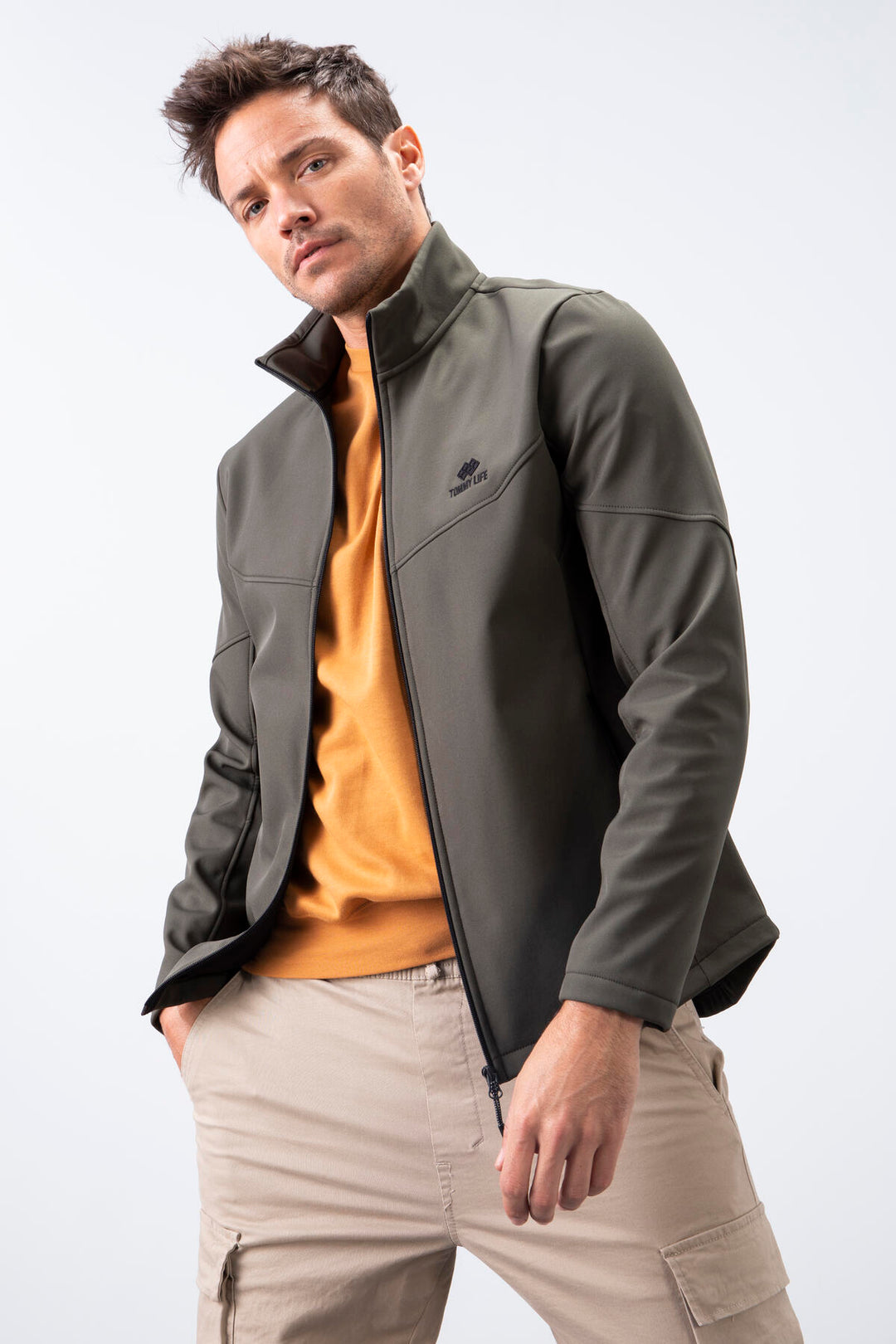 TMY Haki Zippered Stand-up Collar Water and Wind Resistant Softshell Men's Jacket - 88050 - Onteniente