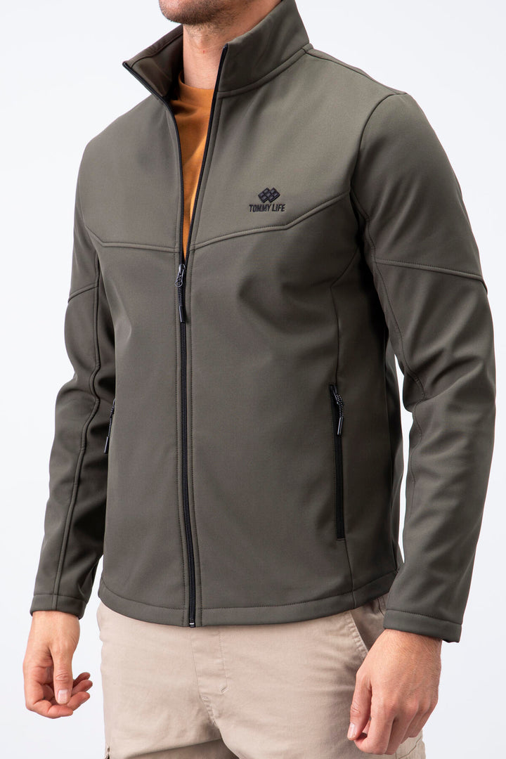 TMY Haki Zippered Stand-up Collar Water and Wind Resistant Softshell Men's Jacket - 88050 - Onteniente
