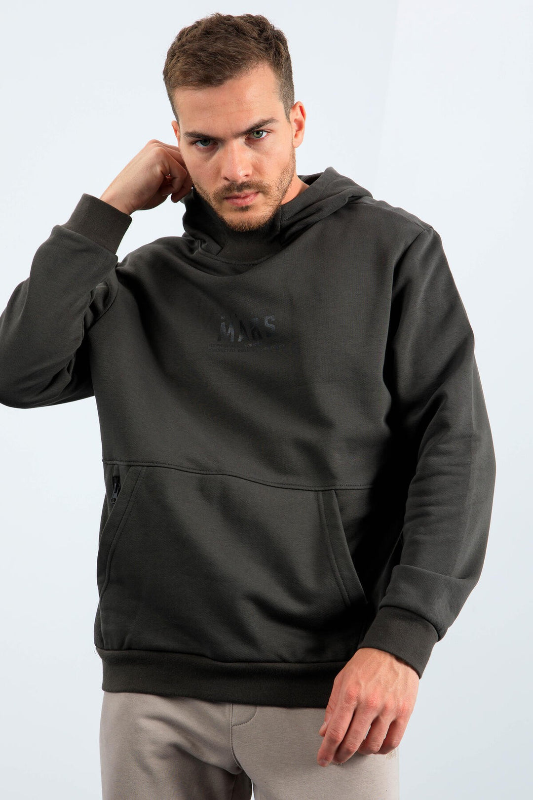 TMY Haki Mars Printed Hooded Comfort Fit Men's Sweatshirt with Chest and Back Print - 88032 - North Shields