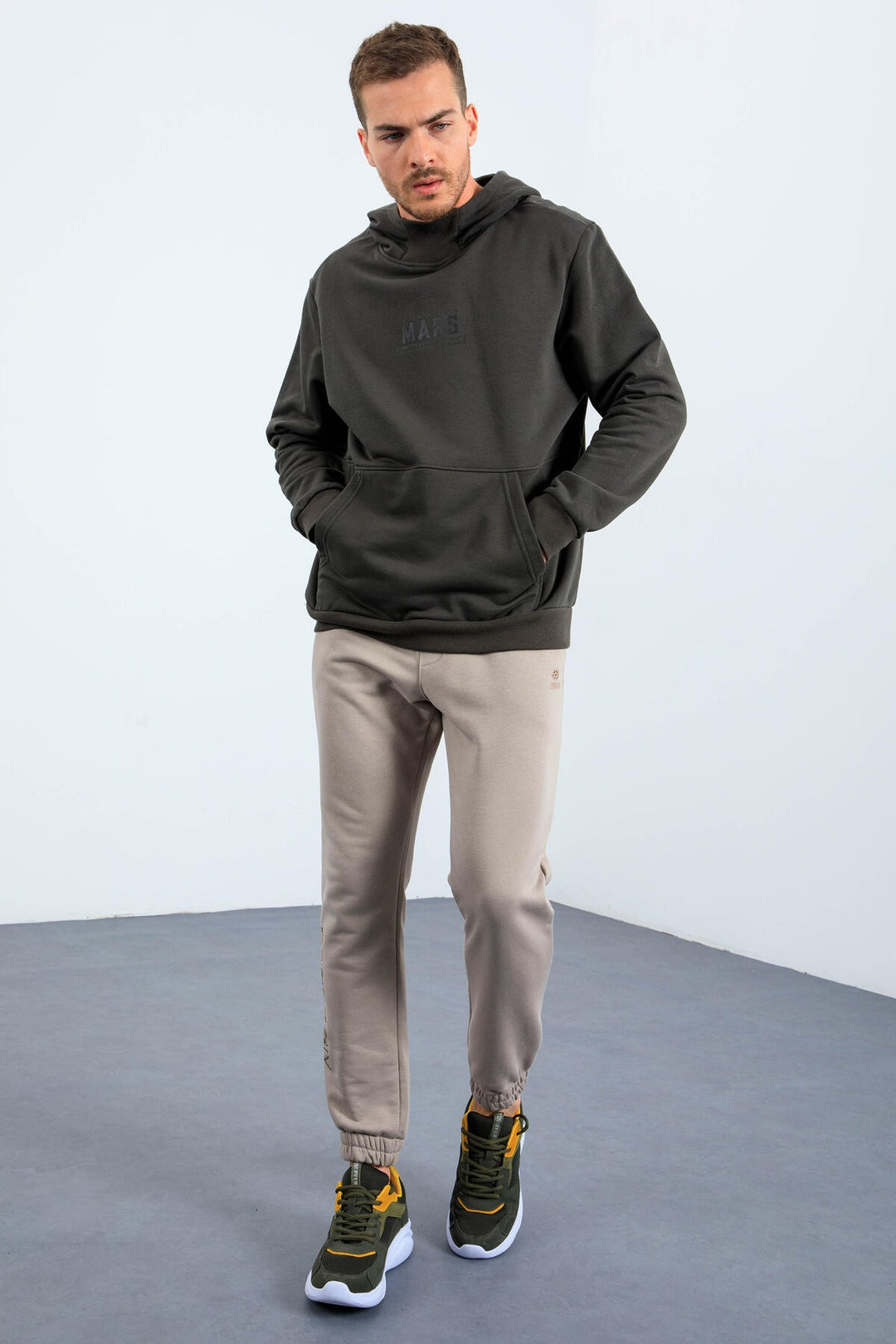 TMY Haki Mars Printed Hooded Comfort Fit Men's Sweatshirt with Chest and Back Print - 88032 - North Shields