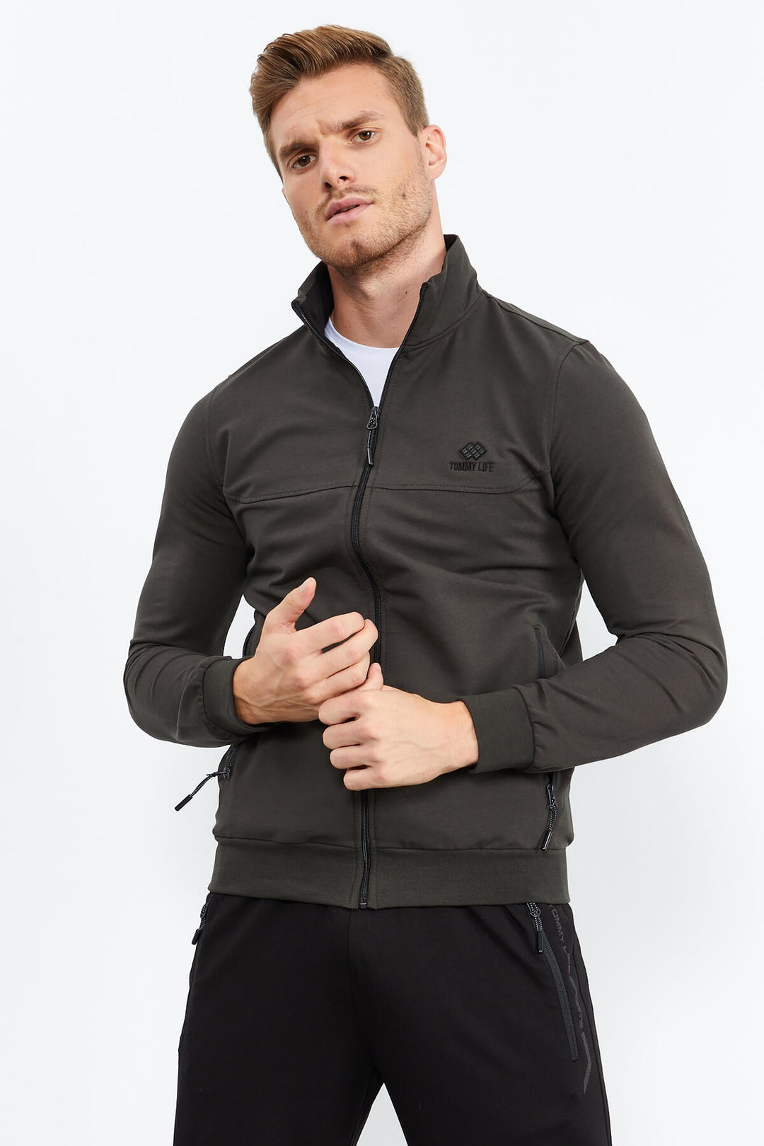 TMY Haki - Black High Neck Zippered Standard Fit Classic Cuff Men's Tracksuit - 85152 - Settimo Torinese
