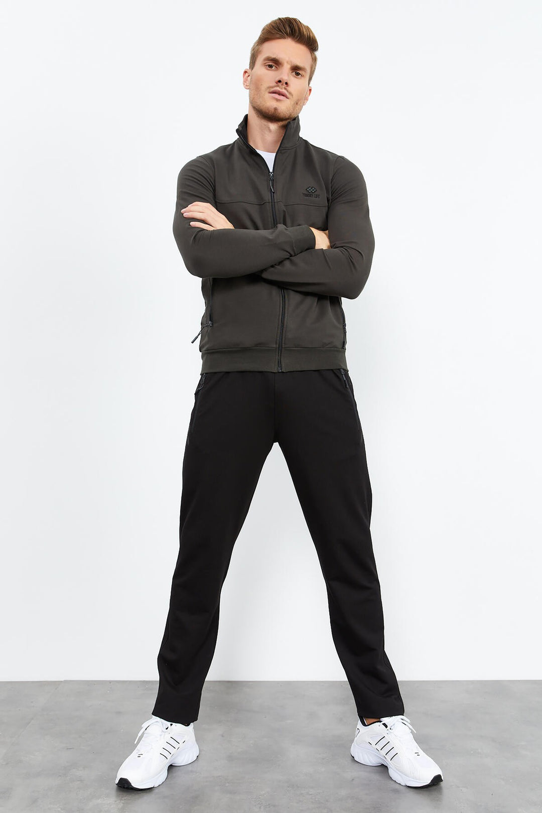 TMY Haki - Black High Neck Zippered Standard Fit Classic Cuff Men's Tracksuit - 85152 - Settimo Torinese