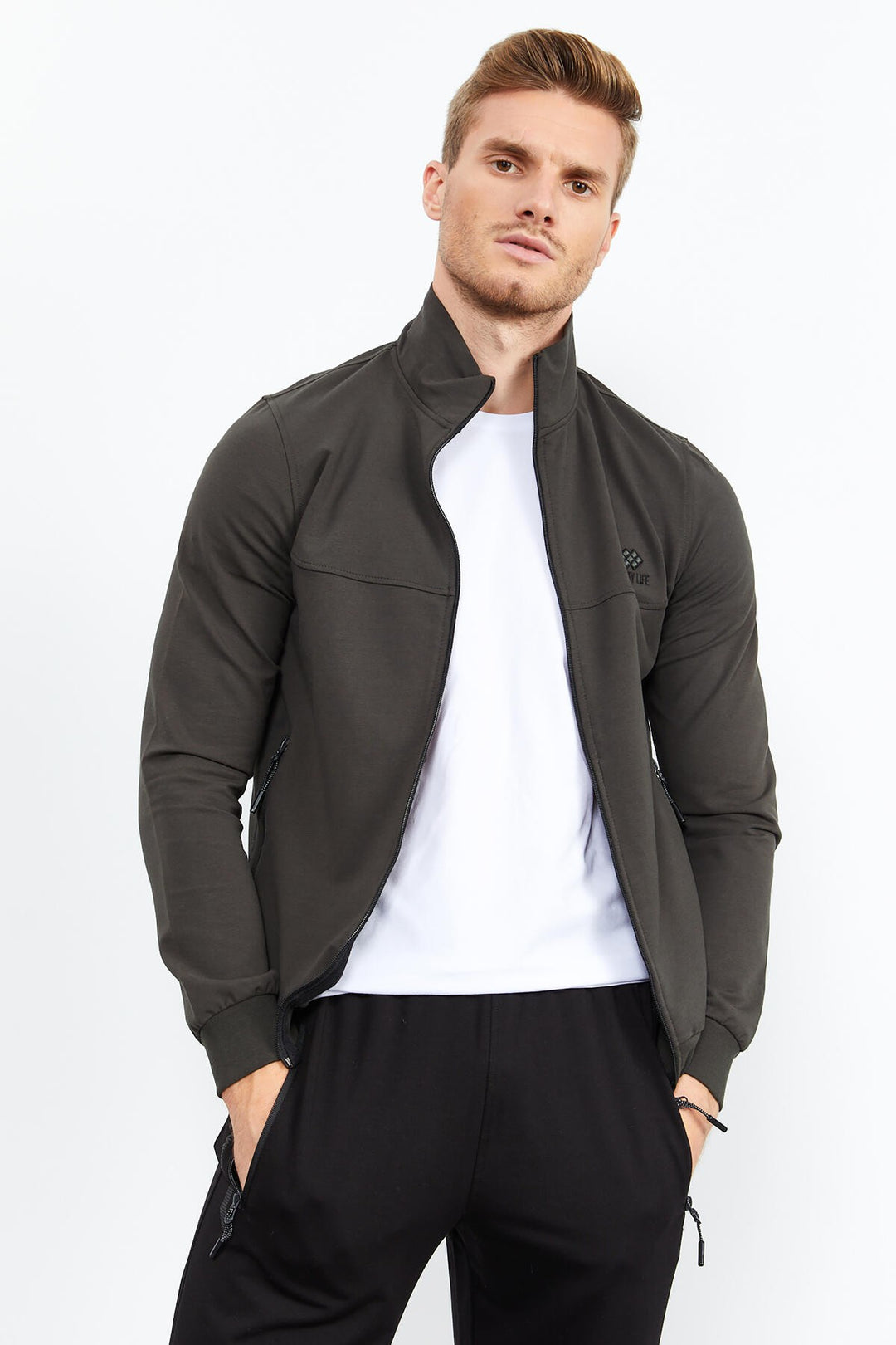 TMY Haki - Black High Neck Zippered Standard Fit Classic Cuff Men's Tracksuit - 85152 - Settimo Torinese