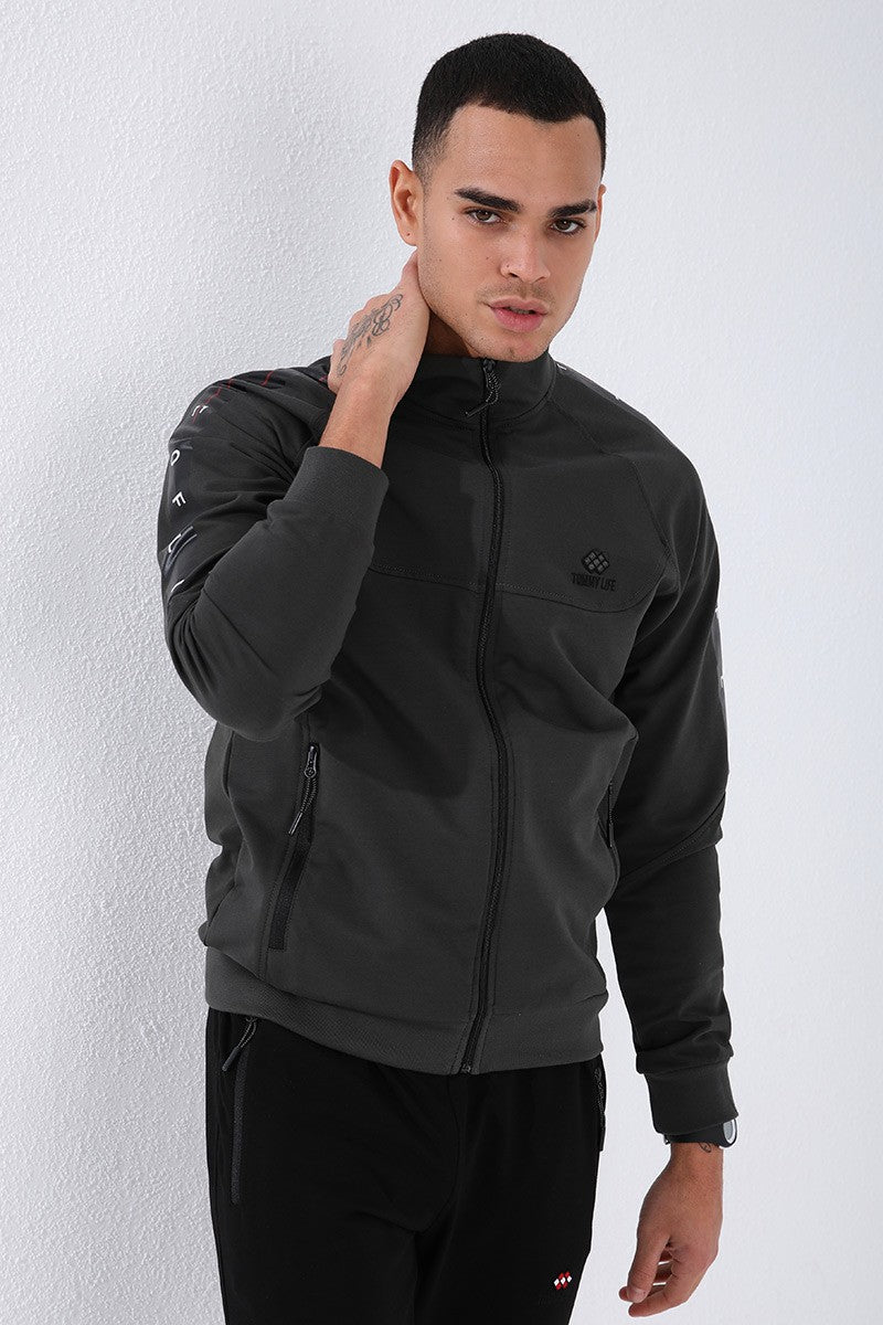 TMY Haki - Black High Neck Striped Printed Standard Mold Cuffed Men's Tracksuit - 85150 - Mount Pleasant