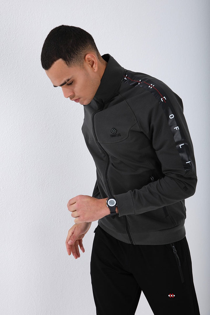TMY Haki - Black High Neck Striped Printed Standard Mold Cuffed Men's Tracksuit - 85150 - Mount Pleasant